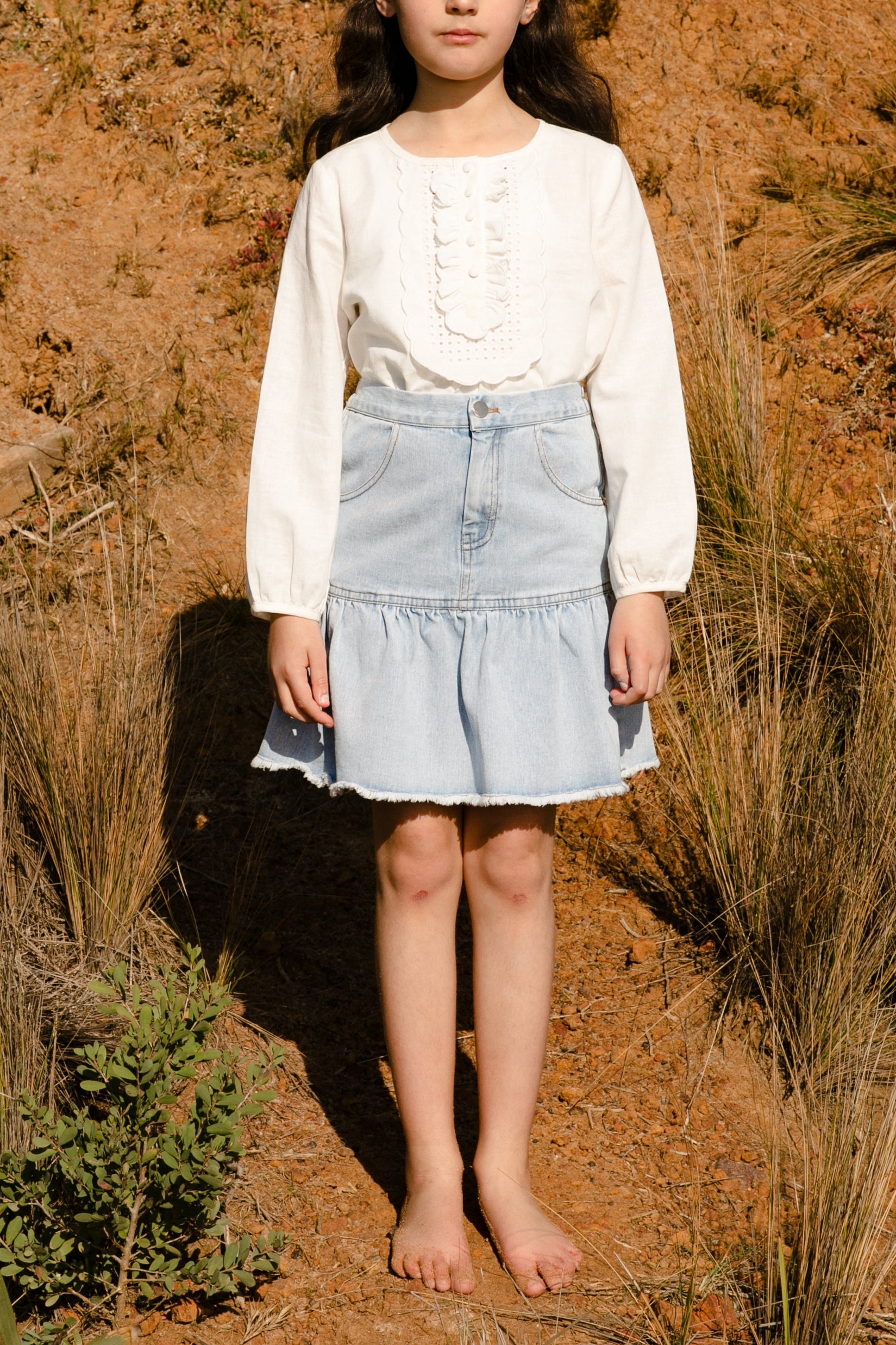 White ruffle 2024 denim skirt