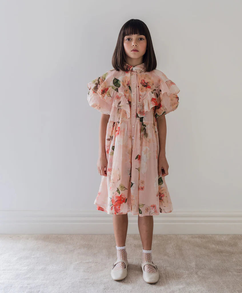 Petite Amalie Peach Peony Linen Collar Dress