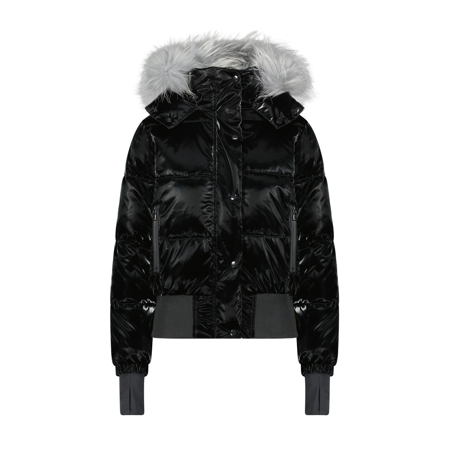 Scotch Bonnet Shiny Bomber Jacket w/ Fur Hood